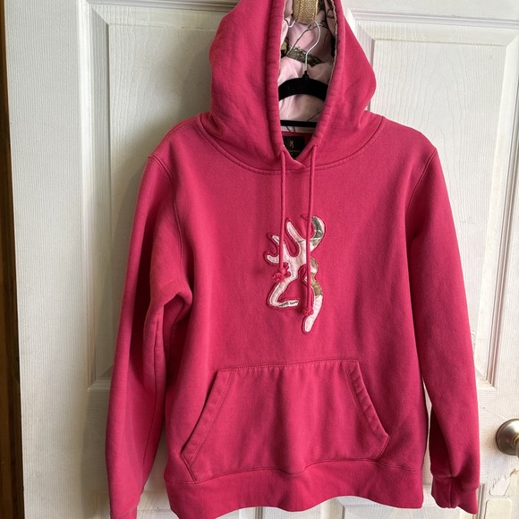Browning Hoodie Womens Large Pink Hunting Pullover Camo Deer Logo Sweatshirt - Picture 1 of 15